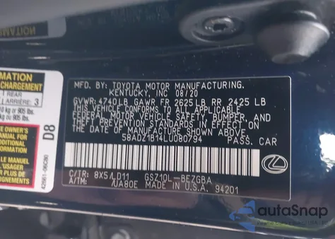 2020 Lexus Es 350 from USA, damaged, VIN 58ADZ1B14LU080794